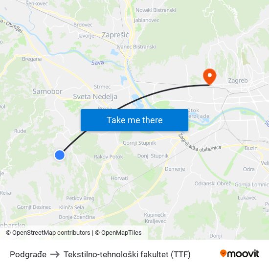 Podgrađe to Tekstilno-tehnološki fakultet (TTF) map