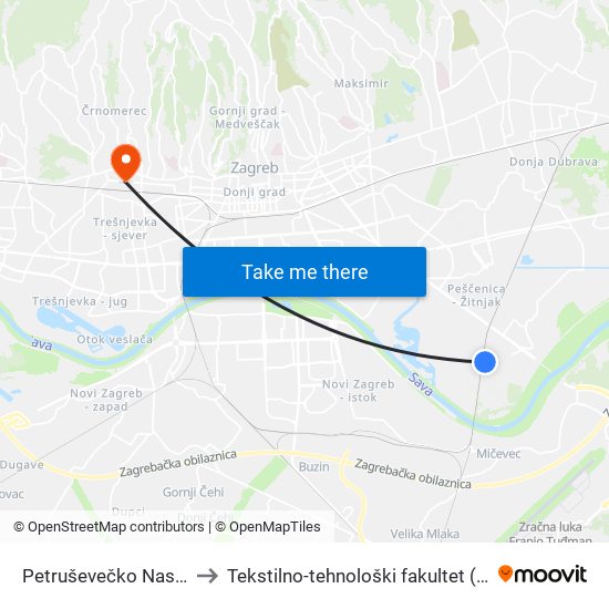 Petruševečko Naselje to Tekstilno-tehnološki fakultet (TTF) map