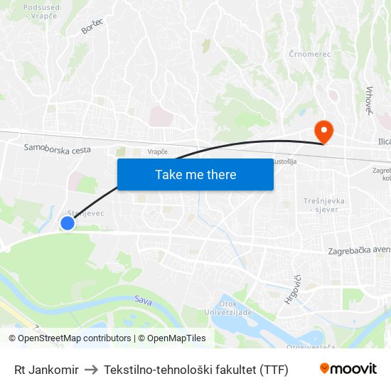 Rt Jankomir to Tekstilno-tehnološki fakultet (TTF) map