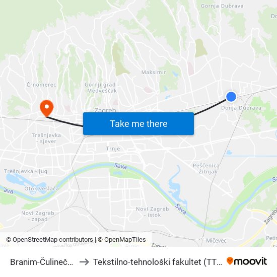 Branim-Čulinečka to Tekstilno-tehnološki fakultet (TTF) map