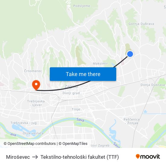 Miroševec to Tekstilno-tehnološki fakultet (TTF) map