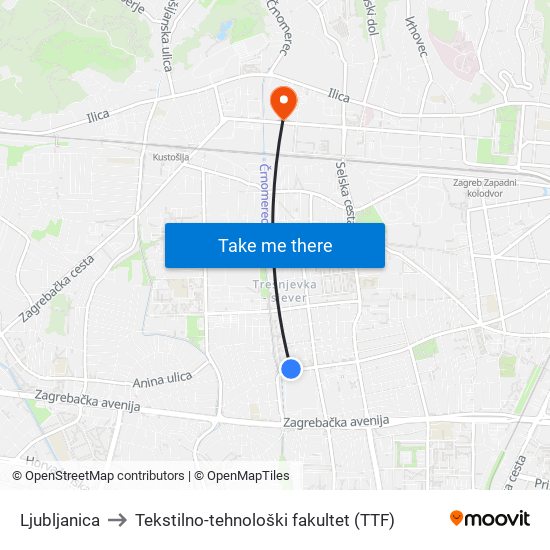 Ljubljanica to Tekstilno-tehnološki fakultet (TTF) map