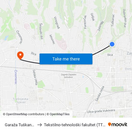 Garaža Tuškanac to Tekstilno-tehnološki fakultet (TTF) map