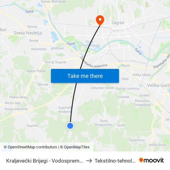 Kraljevečki Brijegi - Vodosprema (Kupinečki Kraljevac - Tihi Gaj) to Tekstilno-tehnološki fakultet (TTF) map