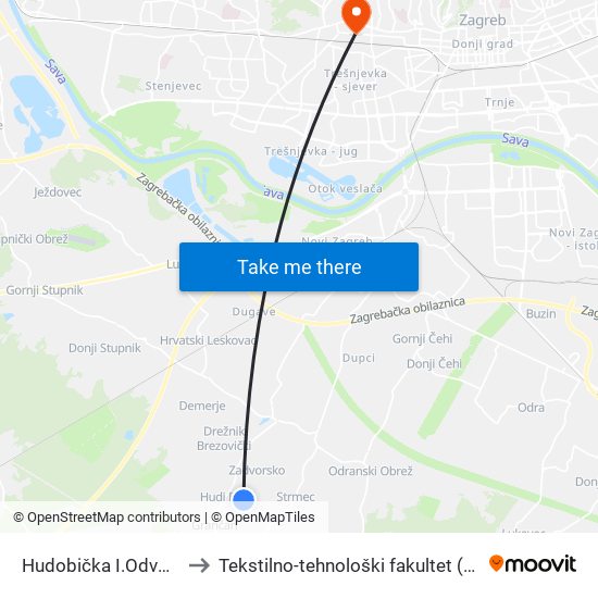 Hudobička I.Odvojak to Tekstilno-tehnološki fakultet (TTF) map