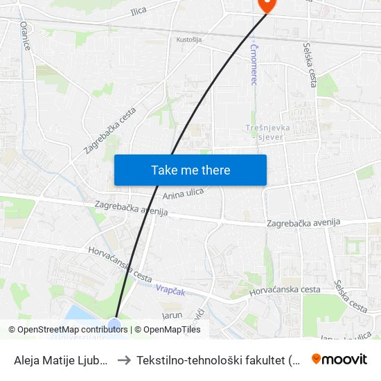 Aleja Matije Ljubeka to Tekstilno-tehnološki fakultet (TTF) map