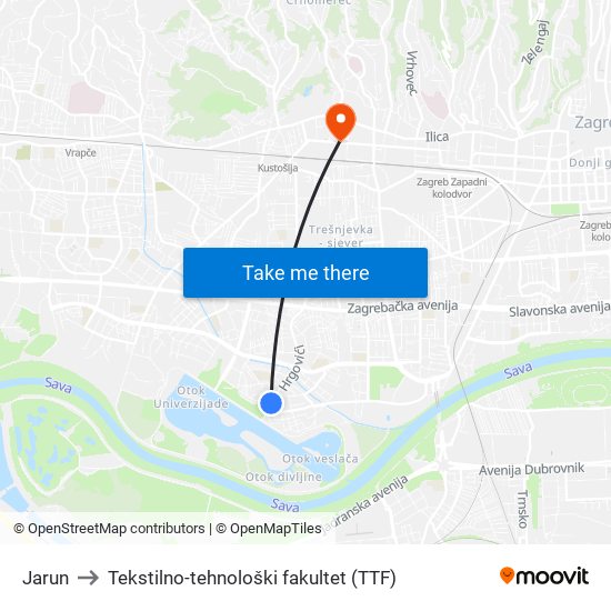 Jarun to Tekstilno-tehnološki fakultet (TTF) map