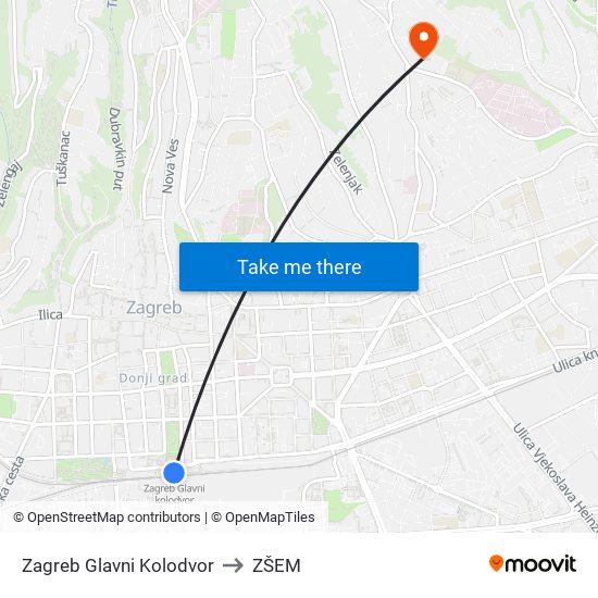 Zagreb Glavni Kolodvor to ZŠEM map