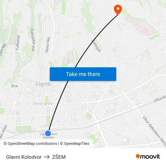 Glavni Kolodvor to ZŠEM map