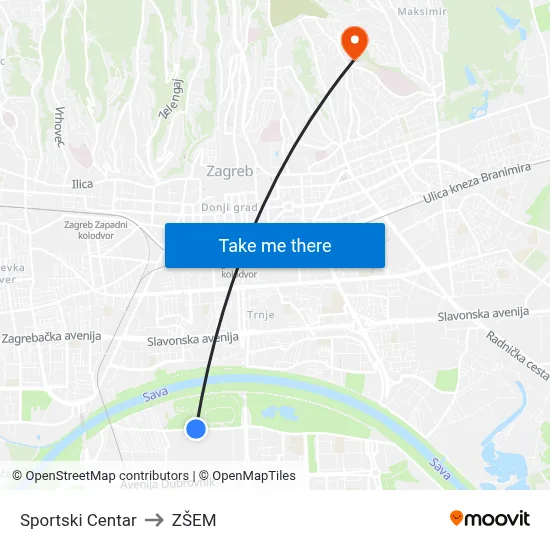 Sportski Centar to ZŠEM map