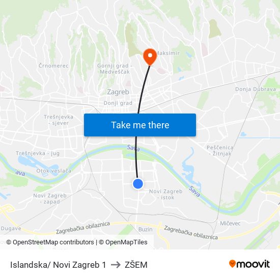 Islandska/ Novi Zagreb 1 to ZŠEM map
