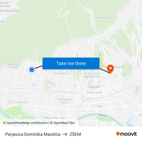 Perjavica-Dominika Mandića to ZŠEM map