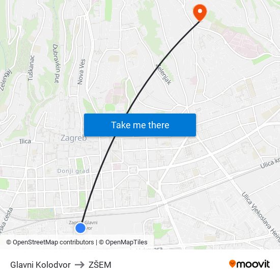 Glavni Kolodvor to ZŠEM map