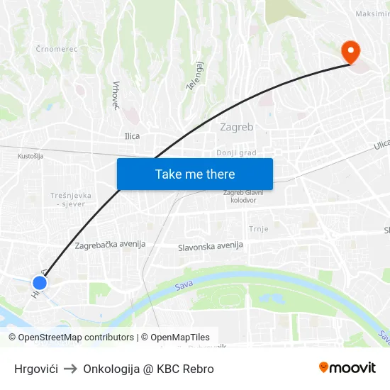 Hrgovići to Onkologija @ KBC Rebro map