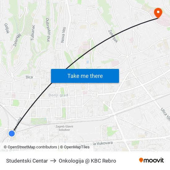 Studentski Centar to Onkologija @ KBC Rebro map