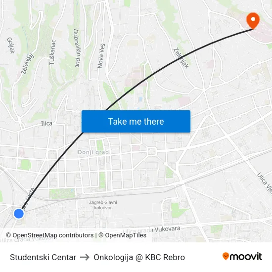 Studentski Centar to Onkologija @ KBC Rebro map