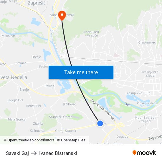 Savski Gaj to Ivanec Bistranski map