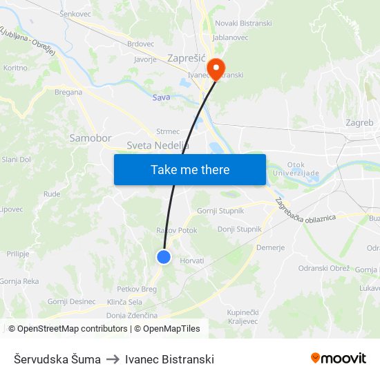 Šervudska Šuma to Ivanec Bistranski map