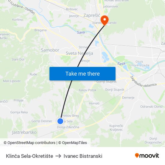 Klinča Sela-Okretište to Ivanec Bistranski map