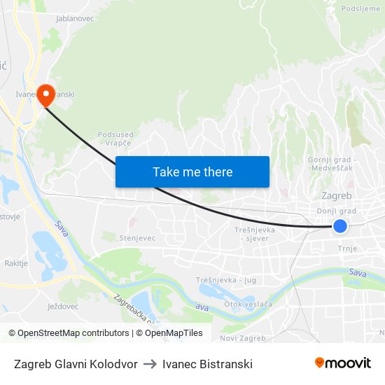 Zagreb Glavni Kolodvor to Ivanec Bistranski map