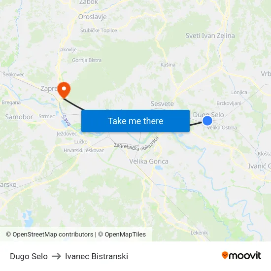 Dugo Selo to Ivanec Bistranski map
