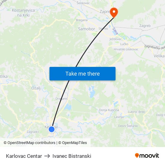 Karlovac Centar to Ivanec Bistranski map