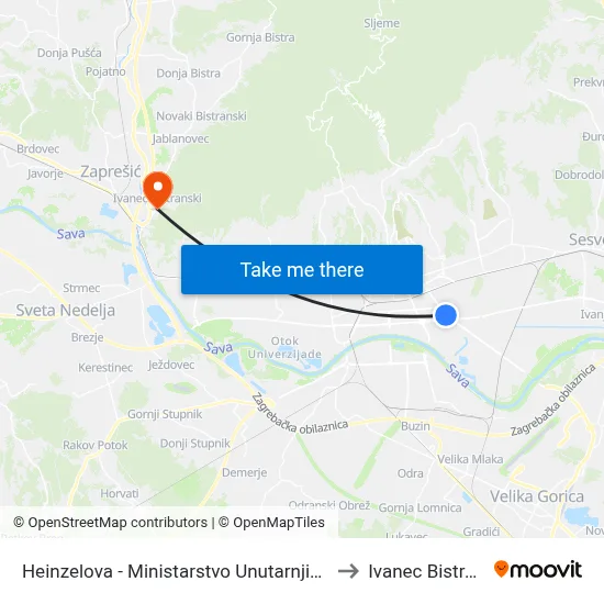 Heinzelova - Ministarstvo Unutarnjih Poslova to Ivanec Bistranski map
