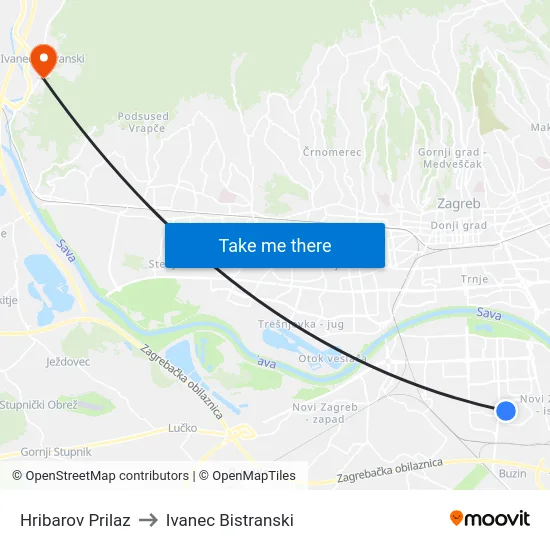 Hribarov Prilaz to Ivanec Bistranski map