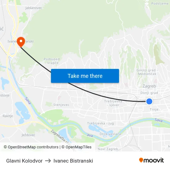 Glavni Kolodvor to Ivanec Bistranski map