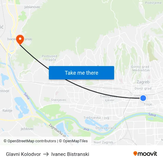 Glavni Kolodvor to Ivanec Bistranski map