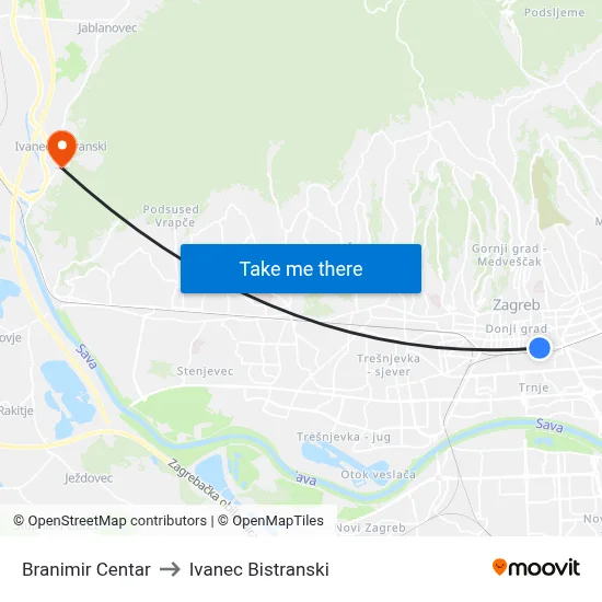 Branimir Centar to Ivanec Bistranski map