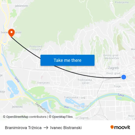 Branimirova Tržnica to Ivanec Bistranski map