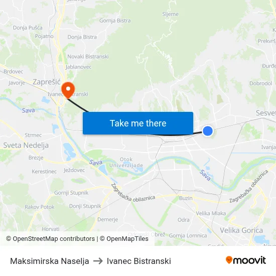 Maksimirska Naselja to Ivanec Bistranski map