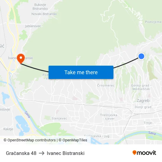 Gračanska 48 to Ivanec Bistranski map