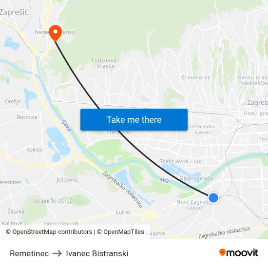 Remetinec to Ivanec Bistranski map