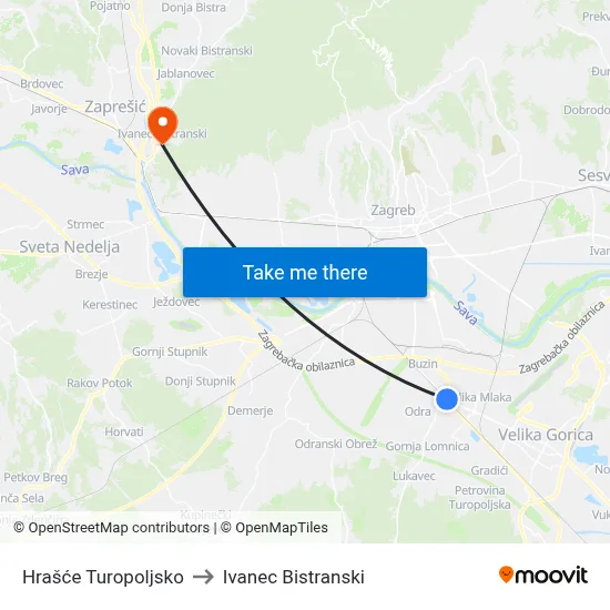 Hrašće Turopoljsko to Ivanec Bistranski map