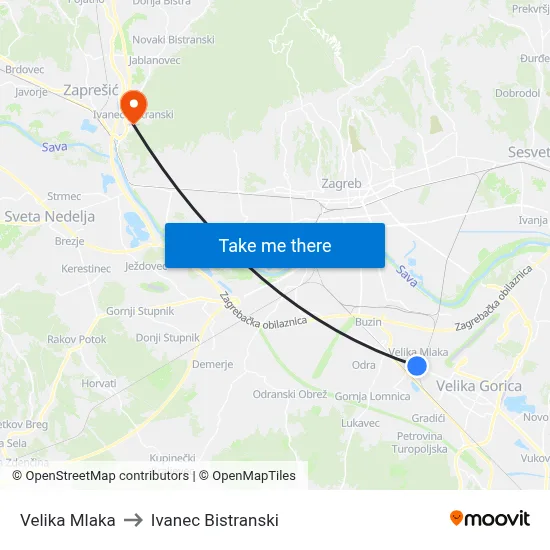 Velika Mlaka to Ivanec Bistranski map