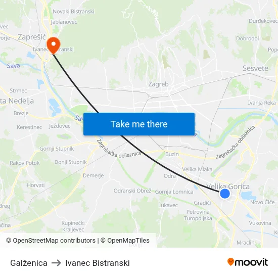 Galženica to Ivanec Bistranski map