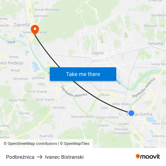 Podbrežnica to Ivanec Bistranski map