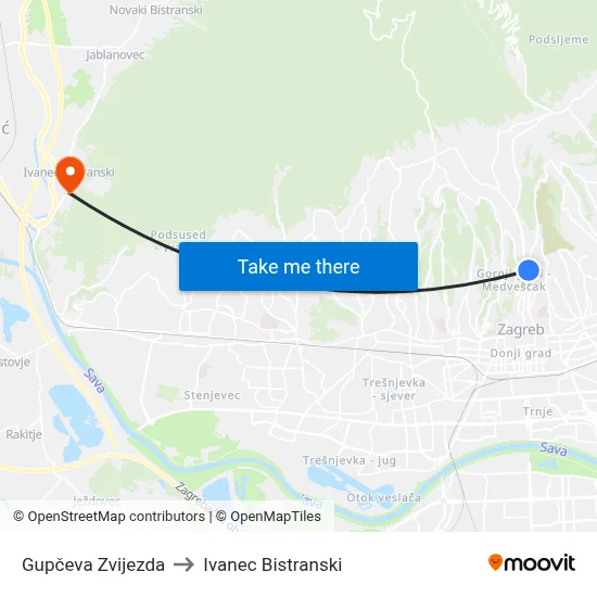 Gupčeva Zvijezda to Ivanec Bistranski map