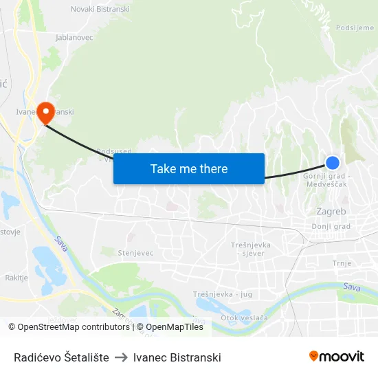 Radićevo Šetalište to Ivanec Bistranski map