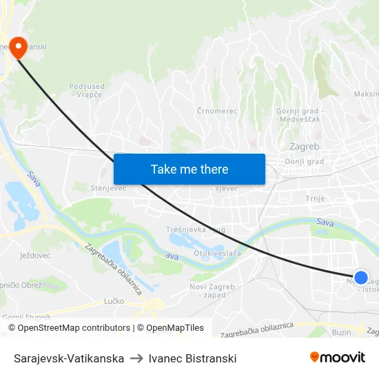 Sarajevsk-Vatikanska to Ivanec Bistranski map