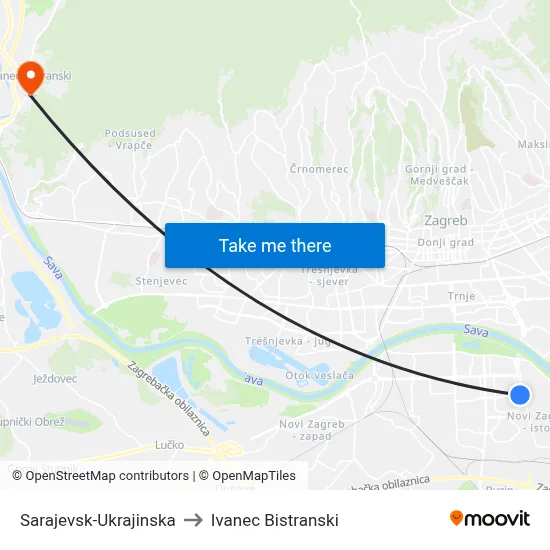 Sarajevsk-Ukrajinska to Ivanec Bistranski map
