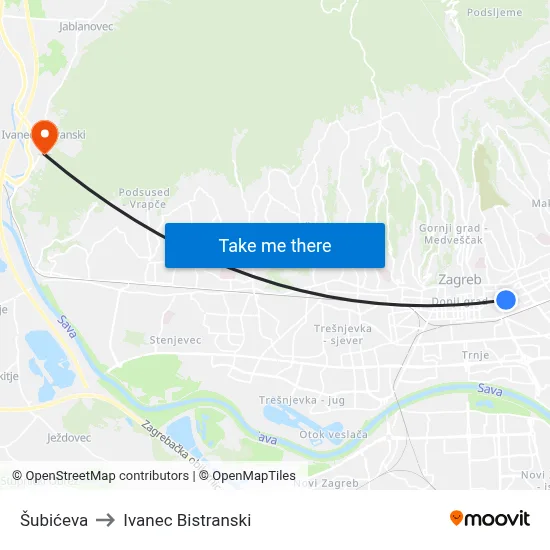 Šubićeva to Ivanec Bistranski map