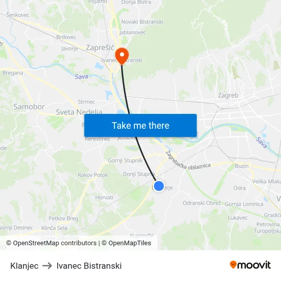 Klanjec to Ivanec Bistranski map