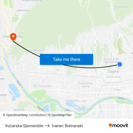 Voćarska-Sjemenište to Ivanec Bistranski map