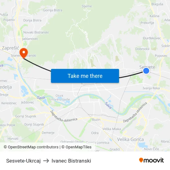 Sesvete-Ukrcaj to Ivanec Bistranski map
