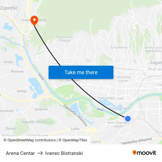 Arena Centar to Ivanec Bistranski map