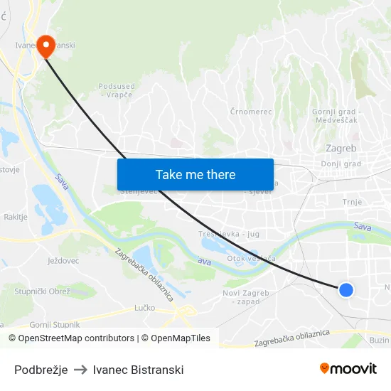 Podbrežje to Ivanec Bistranski map