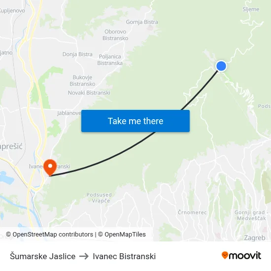 Šumarske Jaslice to Ivanec Bistranski map